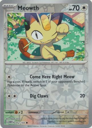 Karta Pokémon - 151 - 052/165 - Meowth (Reverse Holo)