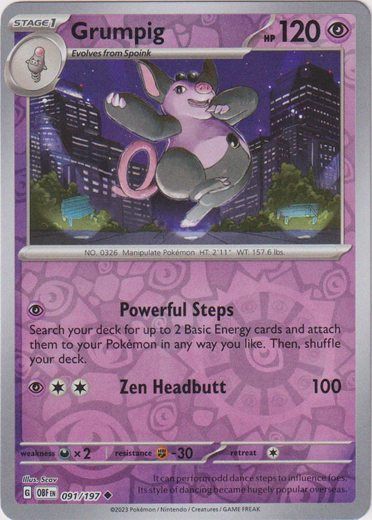 Karta Pokémon - Obsidian Flames - 091/197 - Grumpig (Reverse Holo)