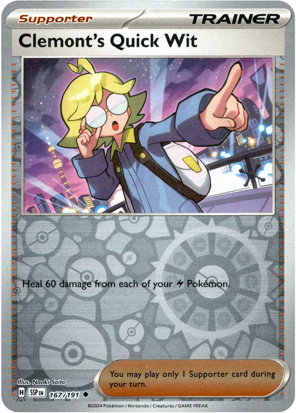 Karta Pokémon - Surging Sparks - 167/191 - Clemont's Quick Wit (Reverse Holo)